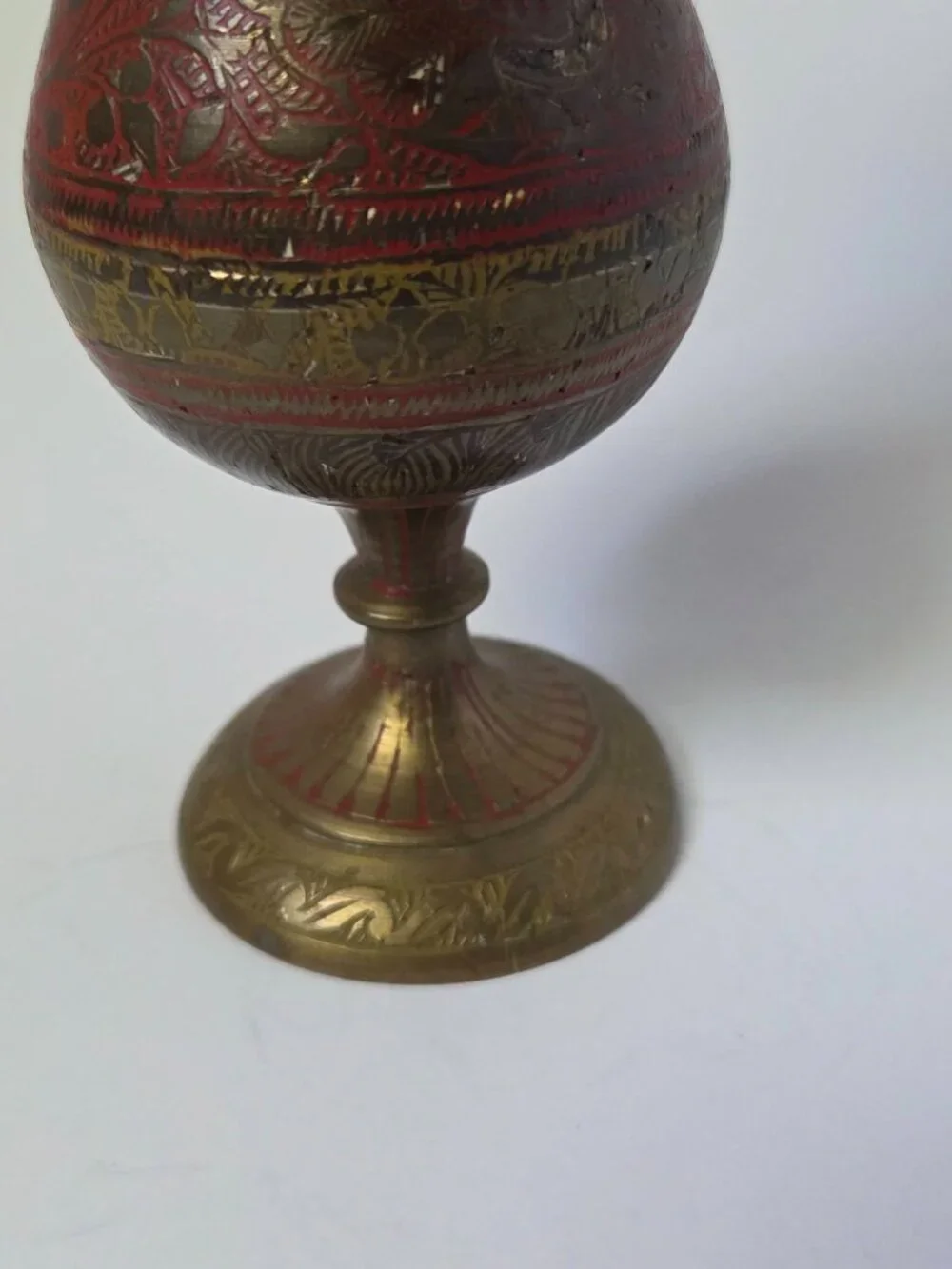 Vintage Enameled Brass Peacock Vase Made in India Hand Etched Red Pedestal Bud
